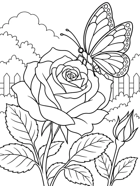 Rose with a butterfly coloring page