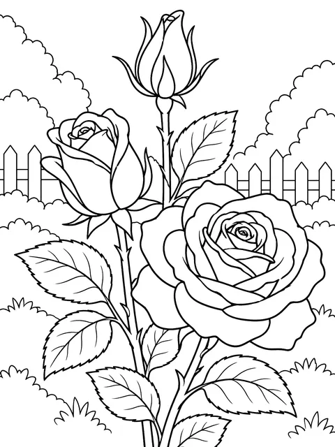 Rose as a bud, half open and in full bloom coloring page