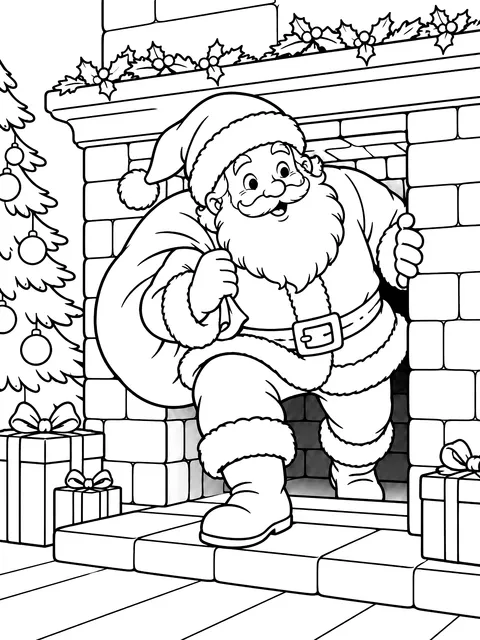 Santa stepping out of the fireplace coloring page