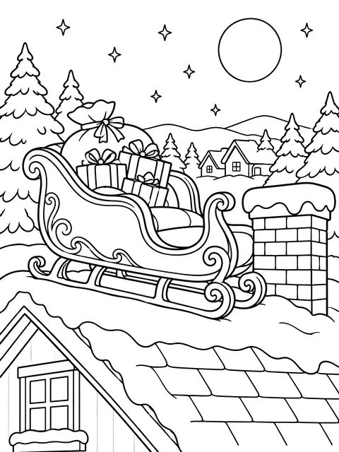 Sleigh parked on a snowy roof coloring page