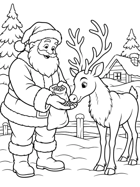 Santa feeding a reindeer coloring page