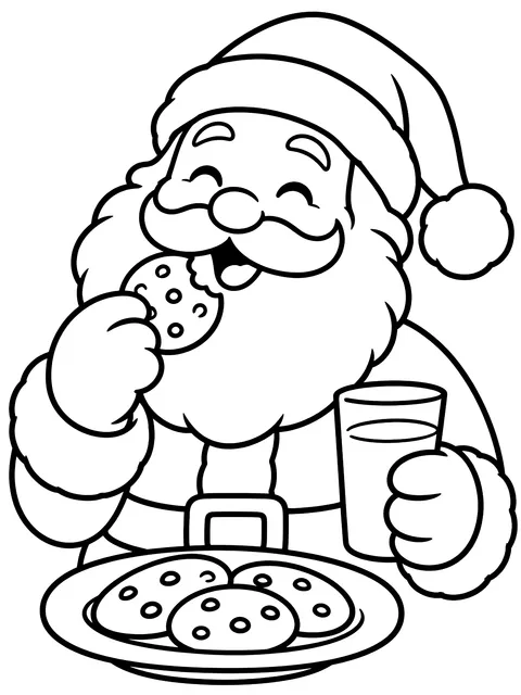 Easy Santa eating cookies and milk coloring page