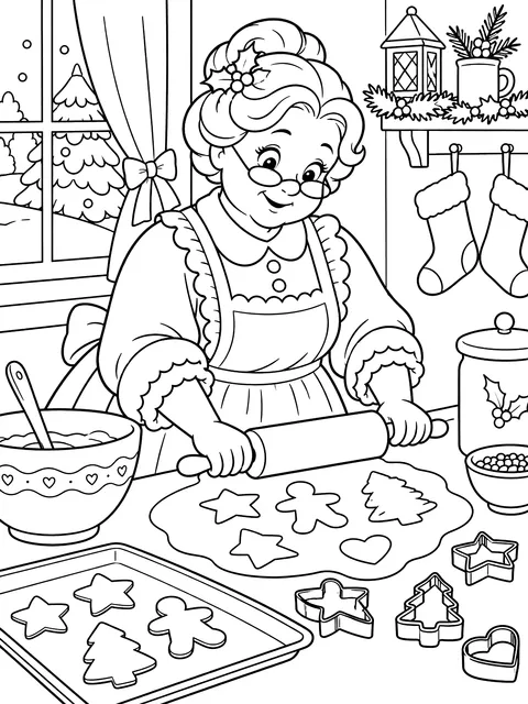 Mrs. Claus baking cookies coloring page