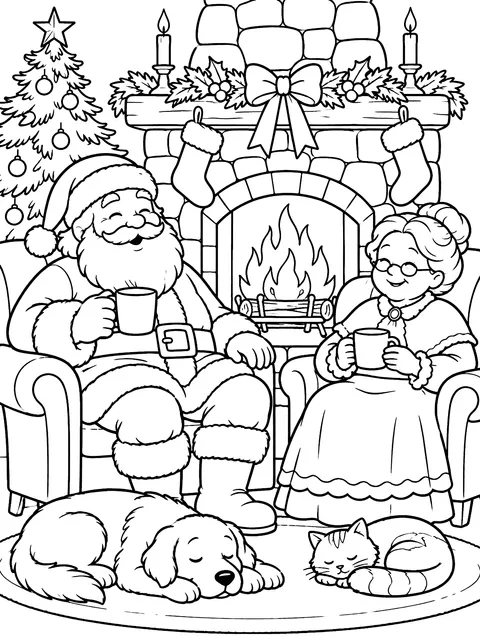 Santa and Mrs. Claus by the fire coloring page