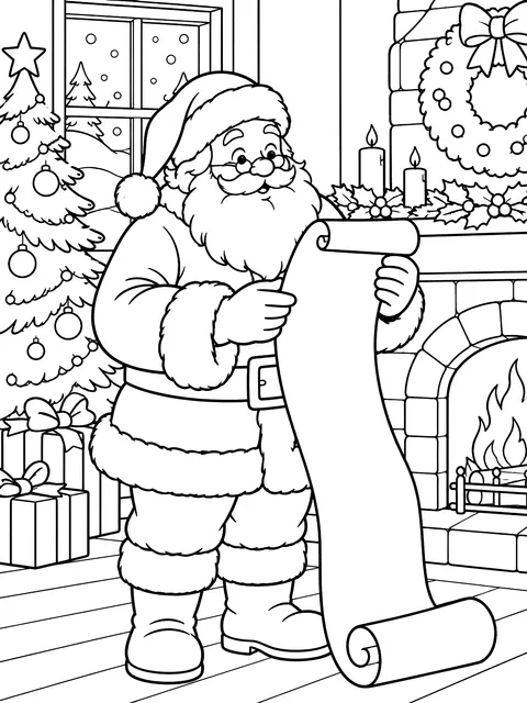 Santa reading a long list coloring page