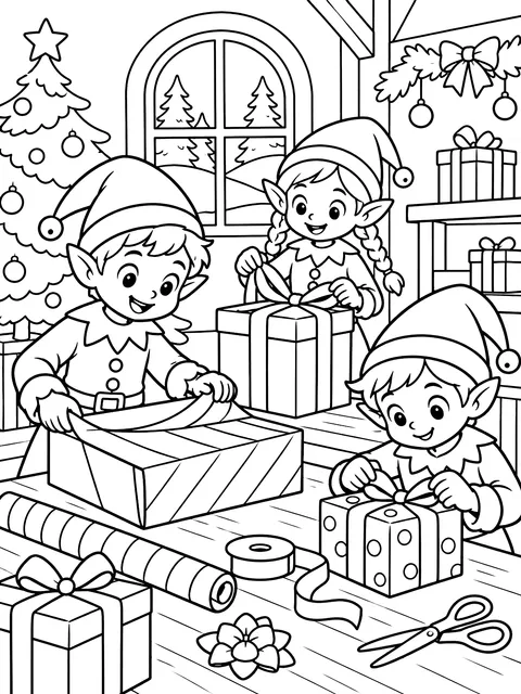 Elves wrapping presents coloring page