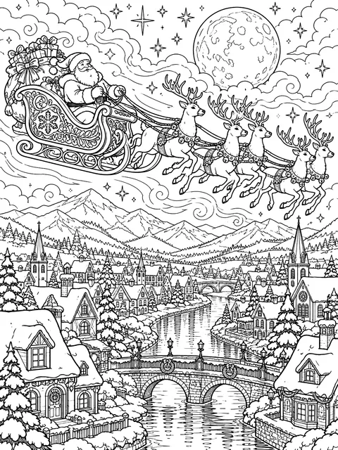 Detailed Santa's sleigh flying over a town coloring page