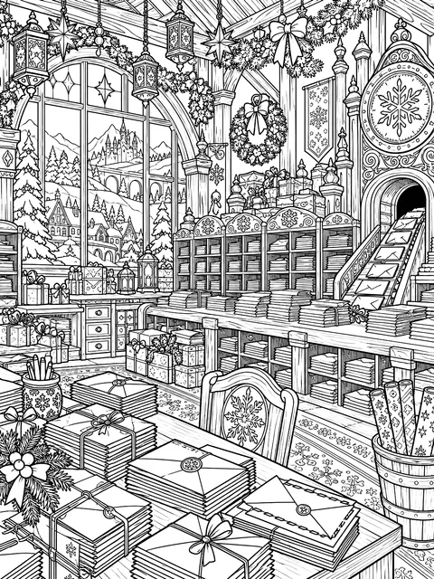 Detailed North Pole mailroom with stacks of letters coloring page