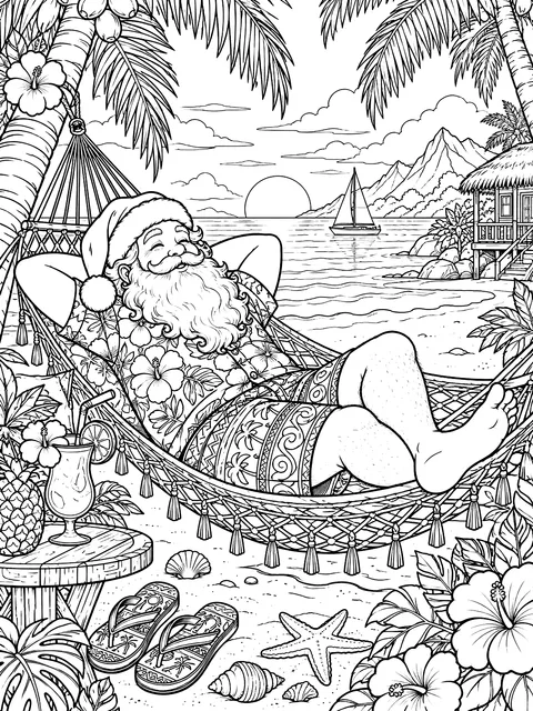 Detailed Santa on a beach vacation coloring page