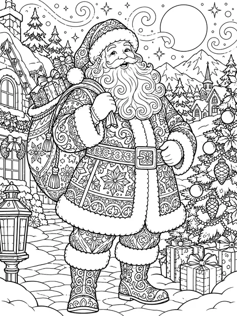 Detailed Santa with a patterned suit and beard swirls coloring page