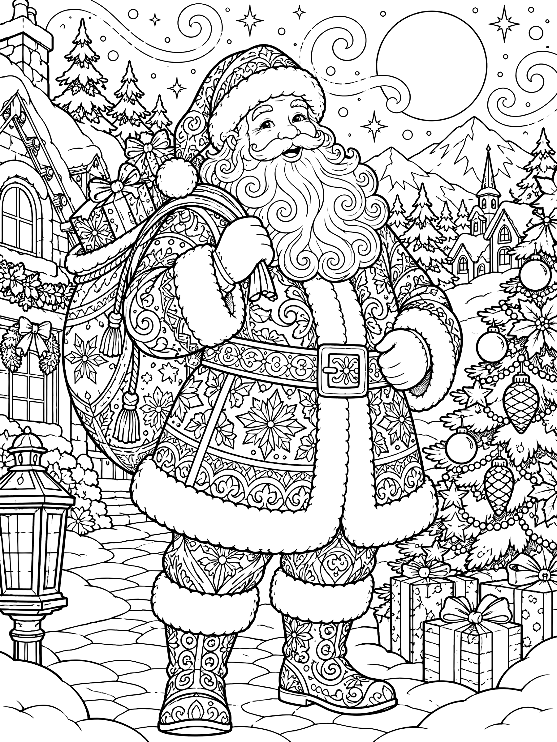 Detailed Santa with a patterned suit and beard swirls coloring page