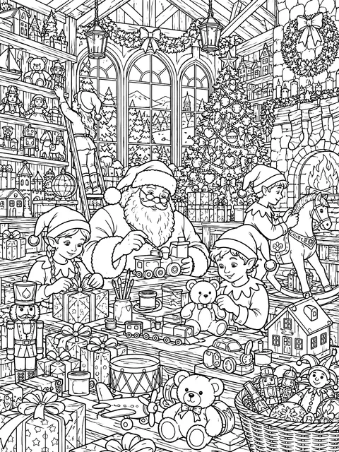 Detailed Santa's workshop full of toys coloring page