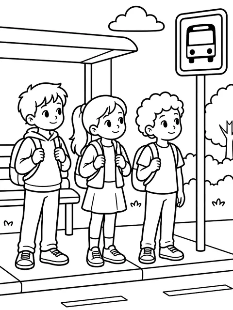 Children waiting at the bus stop coloring page