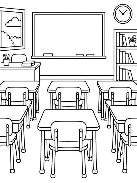 Classroom with desks and a board coloring page