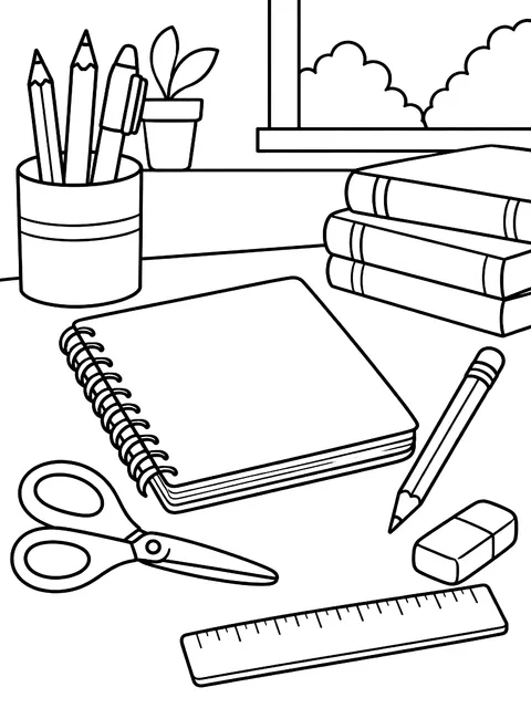 School supplies spread on a desk coloring page
