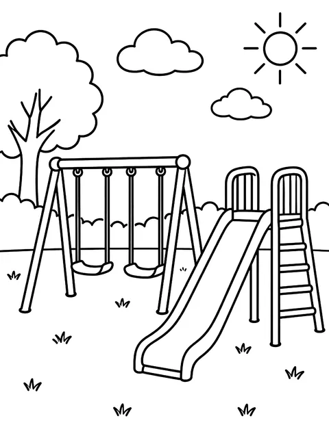 Playground with swings and a slide coloring page