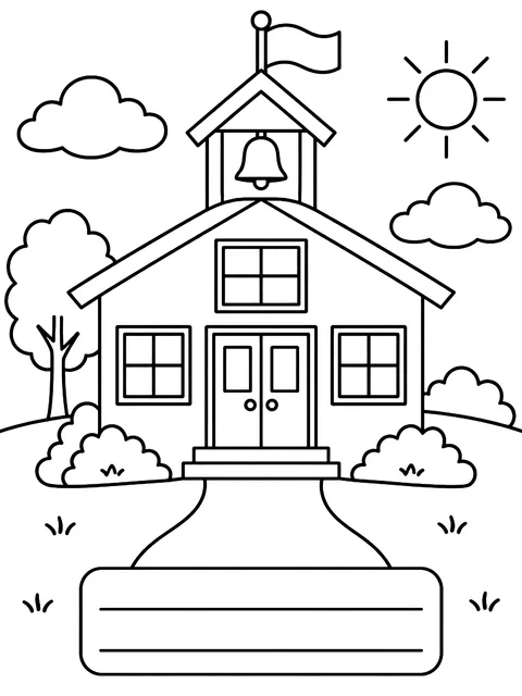 Schoolhouse with blank lines for a name and grade coloring page