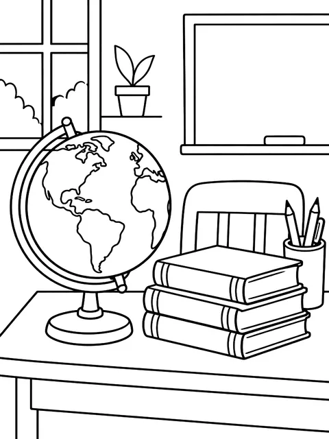 Globe and books on a teacher's desk coloring page