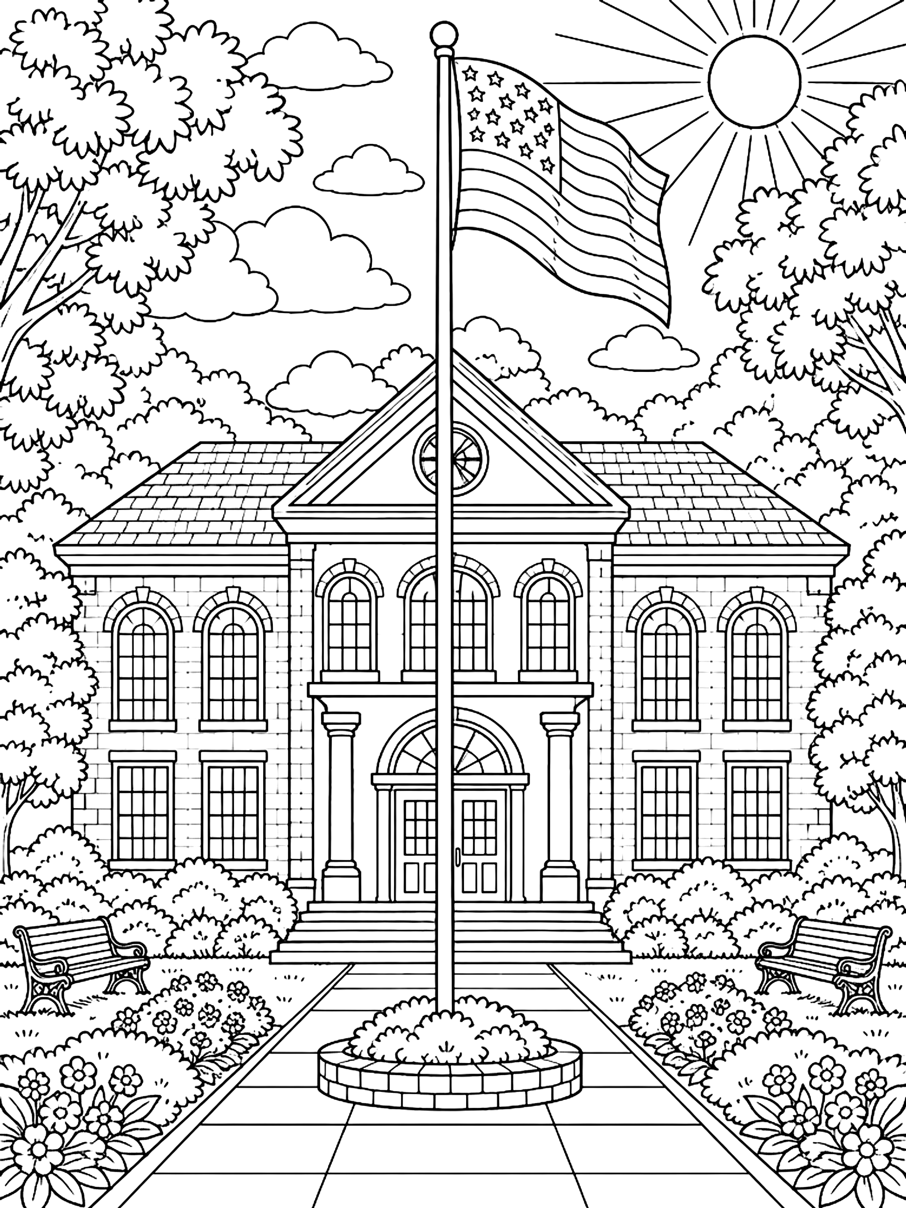 Detailed School building with a flagpole coloring page