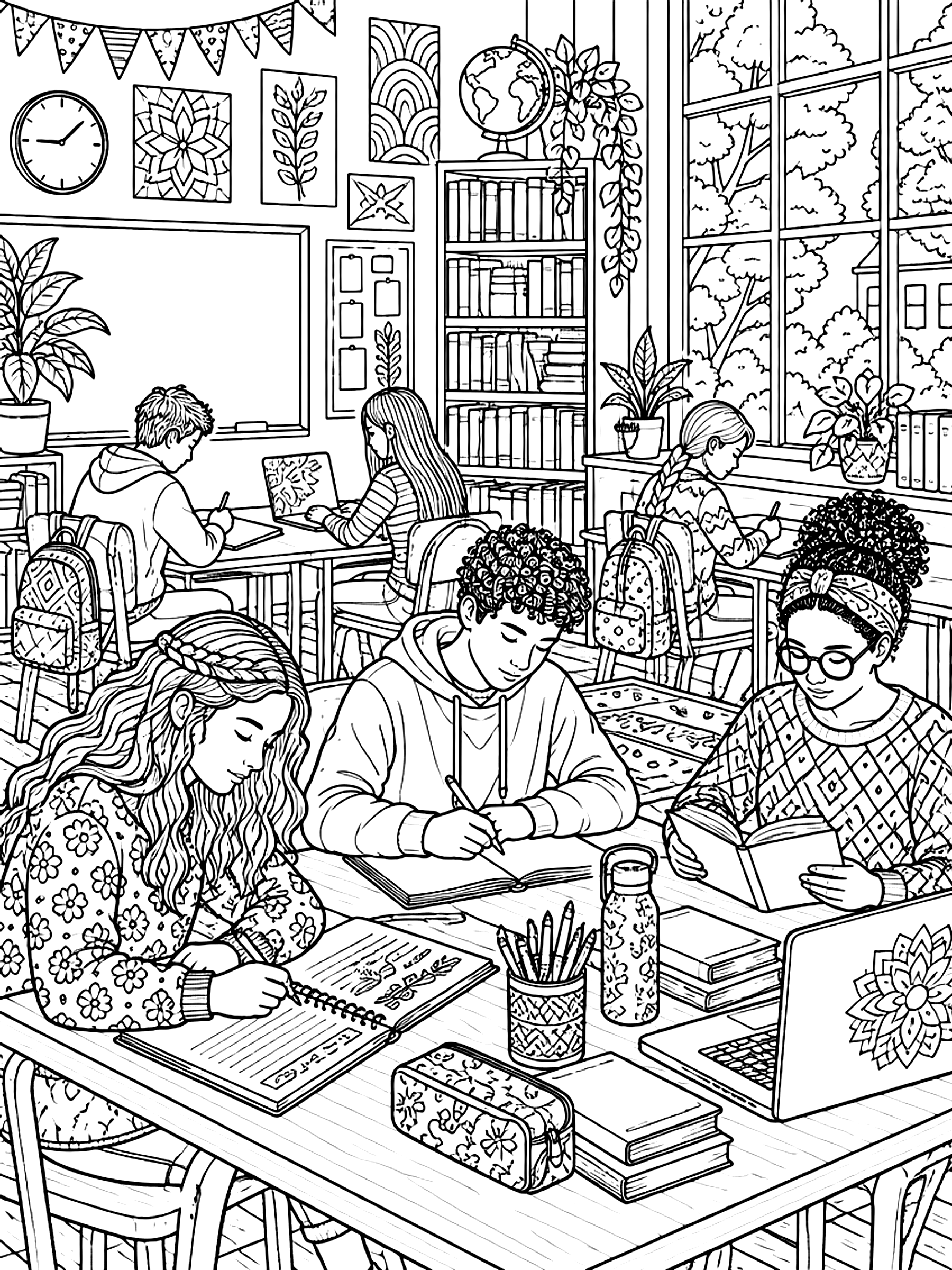 Detailed Busy classroom with students at work coloring page