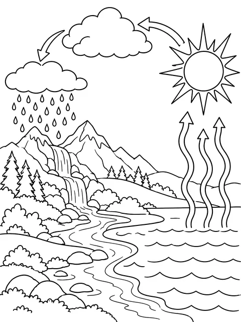 Water cycle diagram coloring page