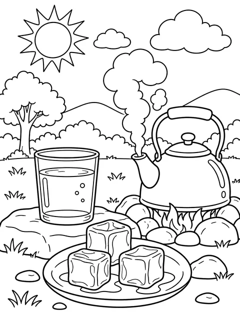 Solids, liquids and gases coloring page