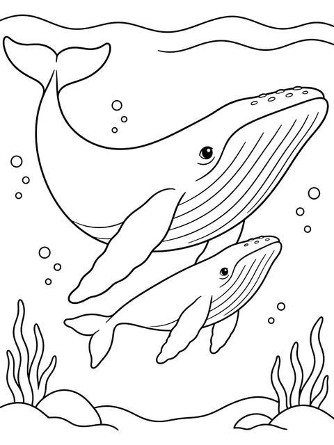Blue whale with her calf coloring page