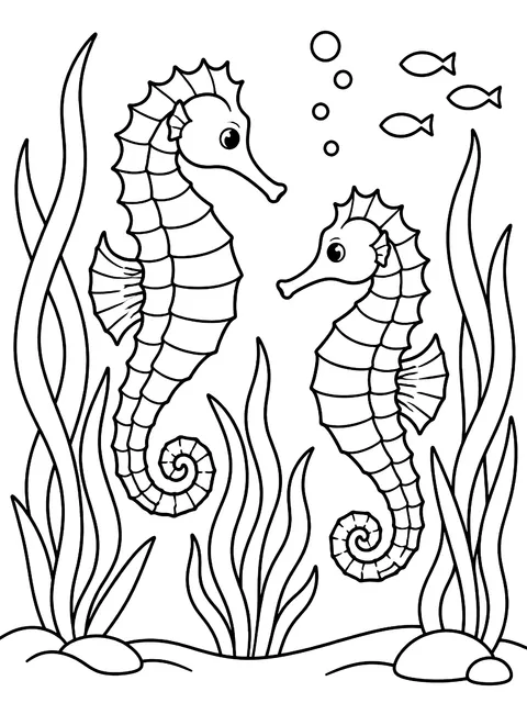 Two seahorses in seagrass coloring page