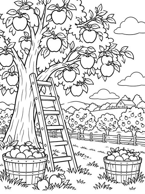 Apple orchard with a ladder coloring page
