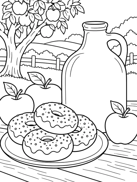 Cider jug and donuts coloring page