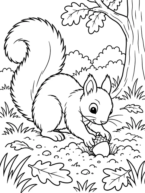 Squirrel burying an acorn coloring page