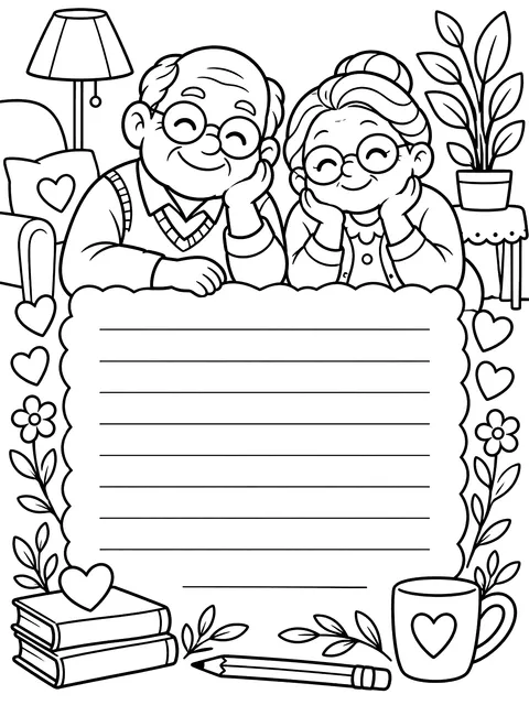 Grandparent interview page with a frame coloring page