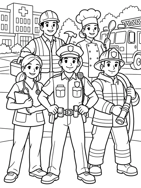 Community helpers in work clothes coloring page