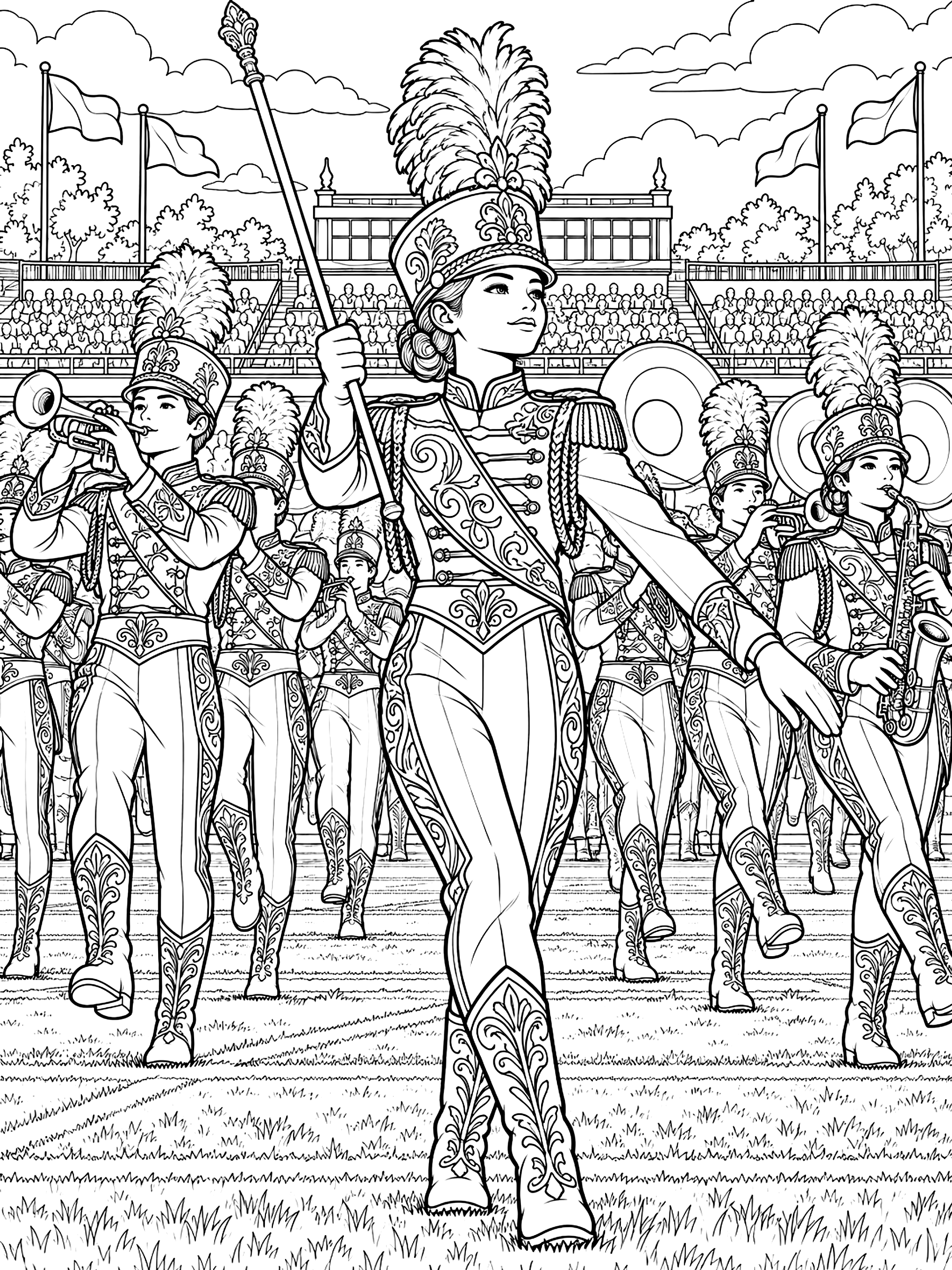 Detailed Marching band on a field coloring page