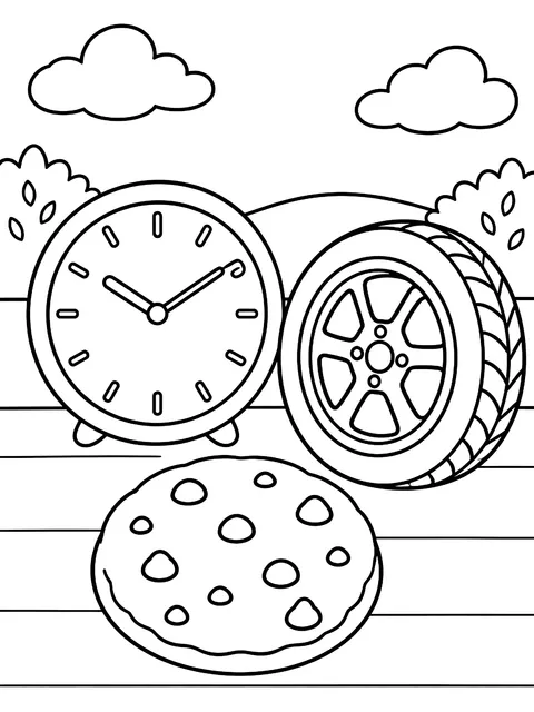 Circles in real life: clock, wheel and cookie coloring page