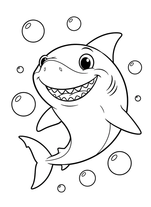Easy Smiling shark with bubbles coloring page