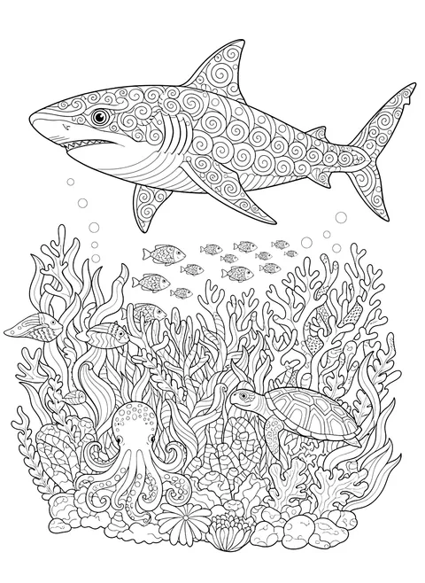 Detailed Shark swimming over a coral reef coloring page