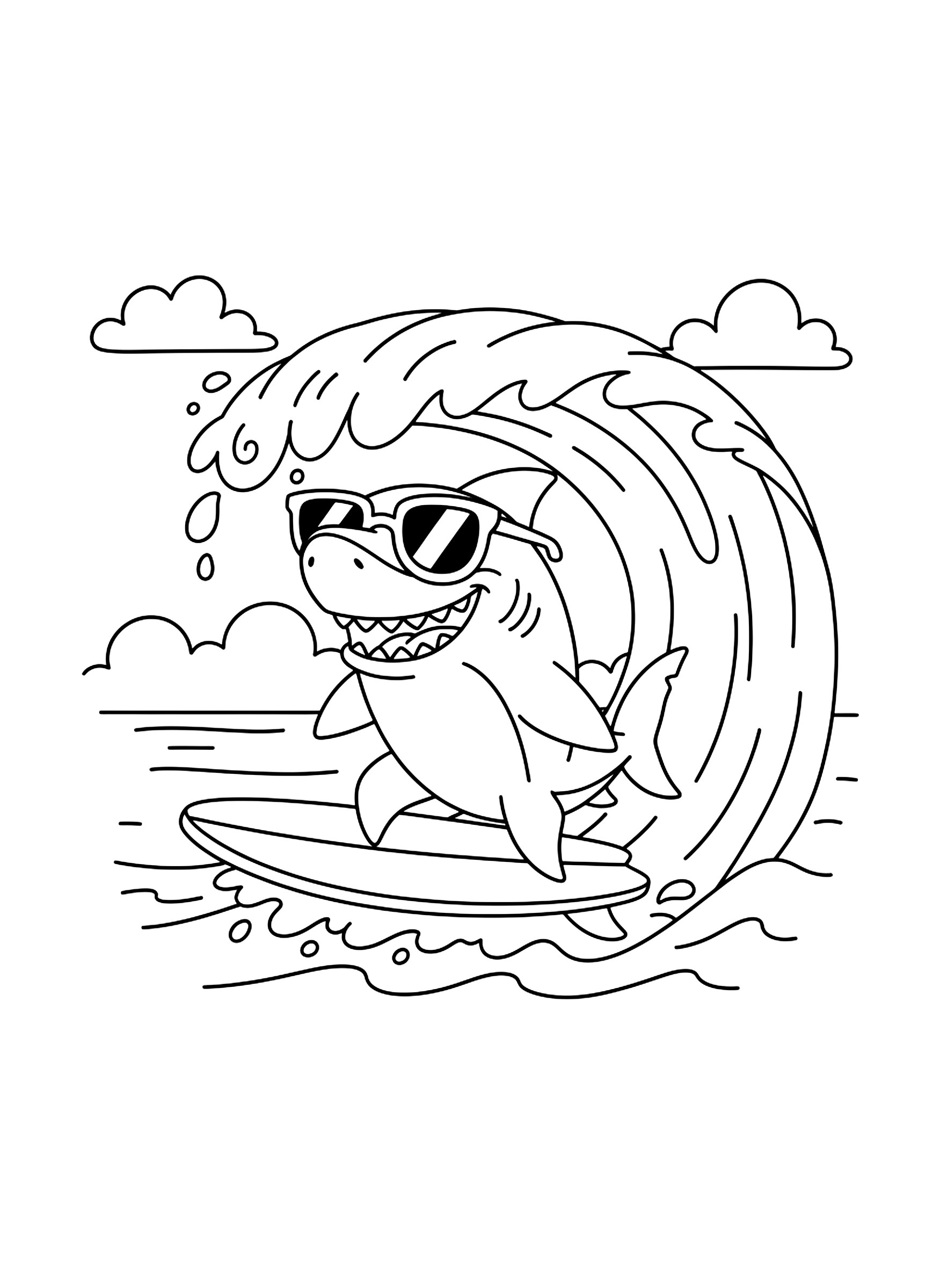 Easy Shark surfing a wave coloring page