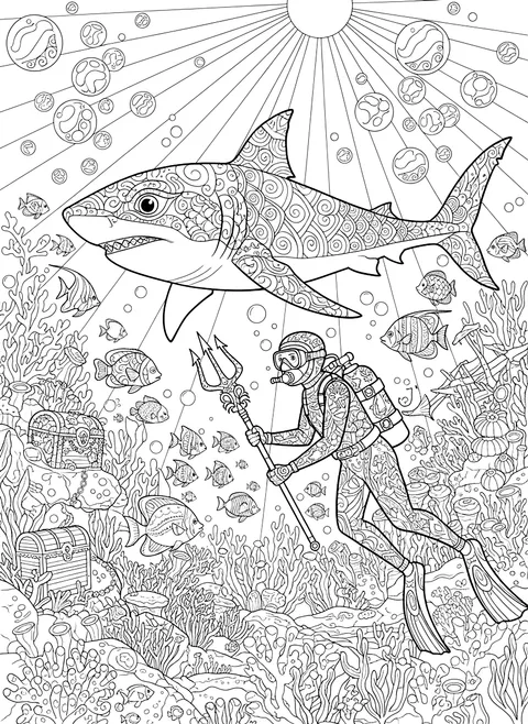 Detailed Shark and scuba diver coloring page