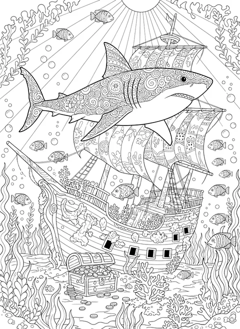 Detailed Shark near a sunken ship coloring page