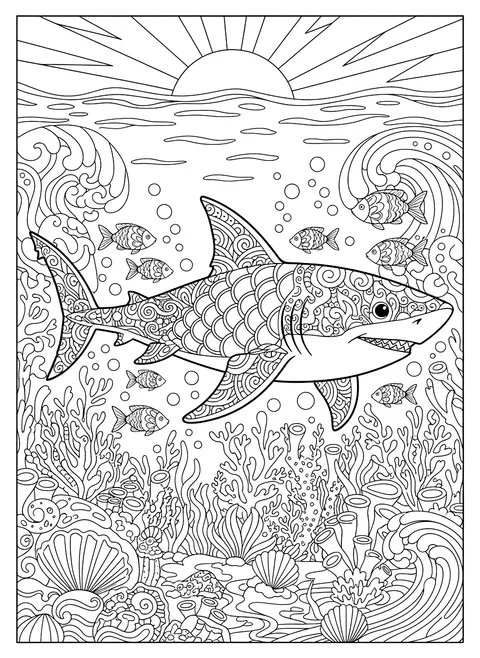 Detailed Shark with patterned fins coloring page