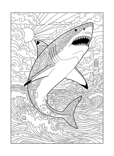 Detailed Realistic great white shark coloring page
