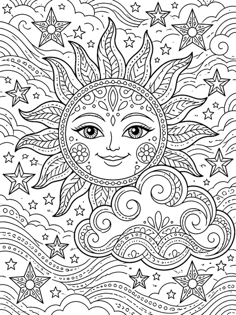 Detailed Smiling sun, cloud and stars coloring page