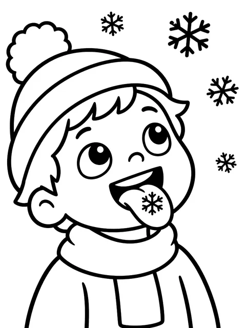Easy Child catching snowflakes on their tongue coloring page