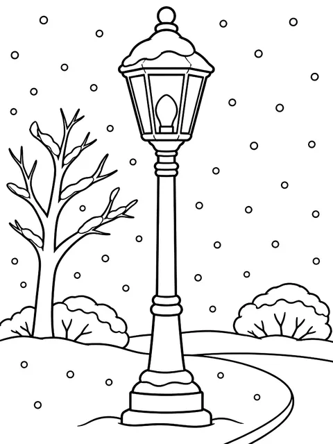 Street lamp in falling snow coloring page
