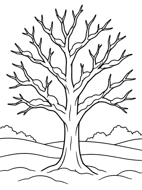 Bare tree outlined in snow coloring page