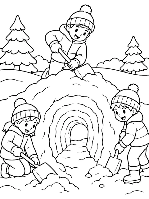 Kids digging a snow tunnel coloring page