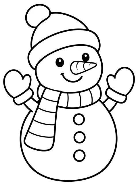 Easy Snowman with a striped scarf and mittens coloring page