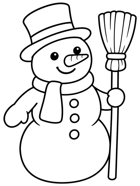 Easy Snowman holding a broom coloring page