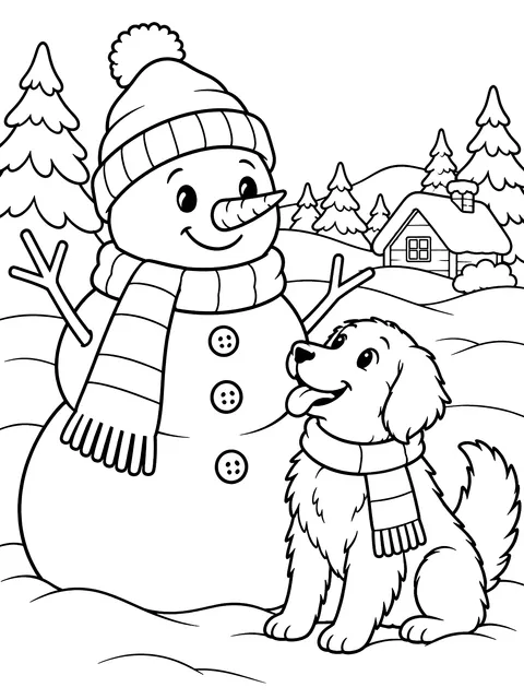 Snowman with a snow dog coloring page